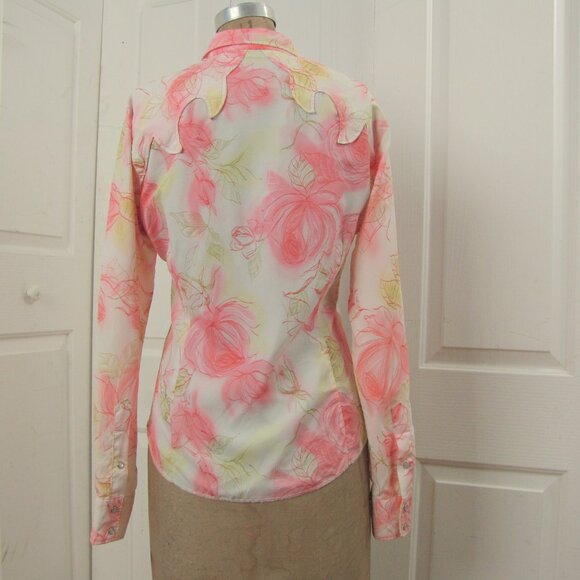 Vintage 70s Lasso Shirt Size 36 Pink Crepe Floral Pearlized Snap Front Western - Picture 7 of 14